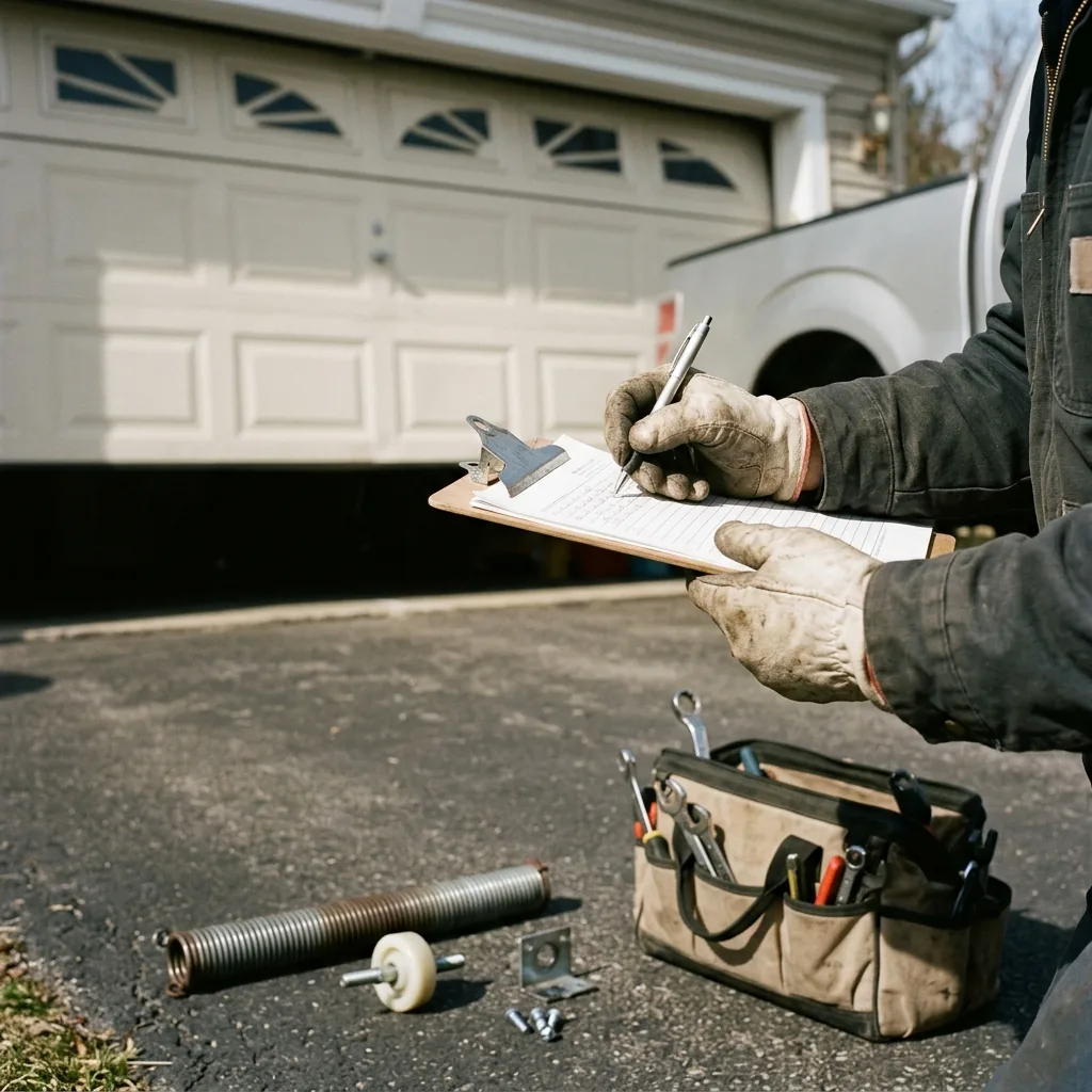 A technician writing a garage door repair estimate in Dunwoody