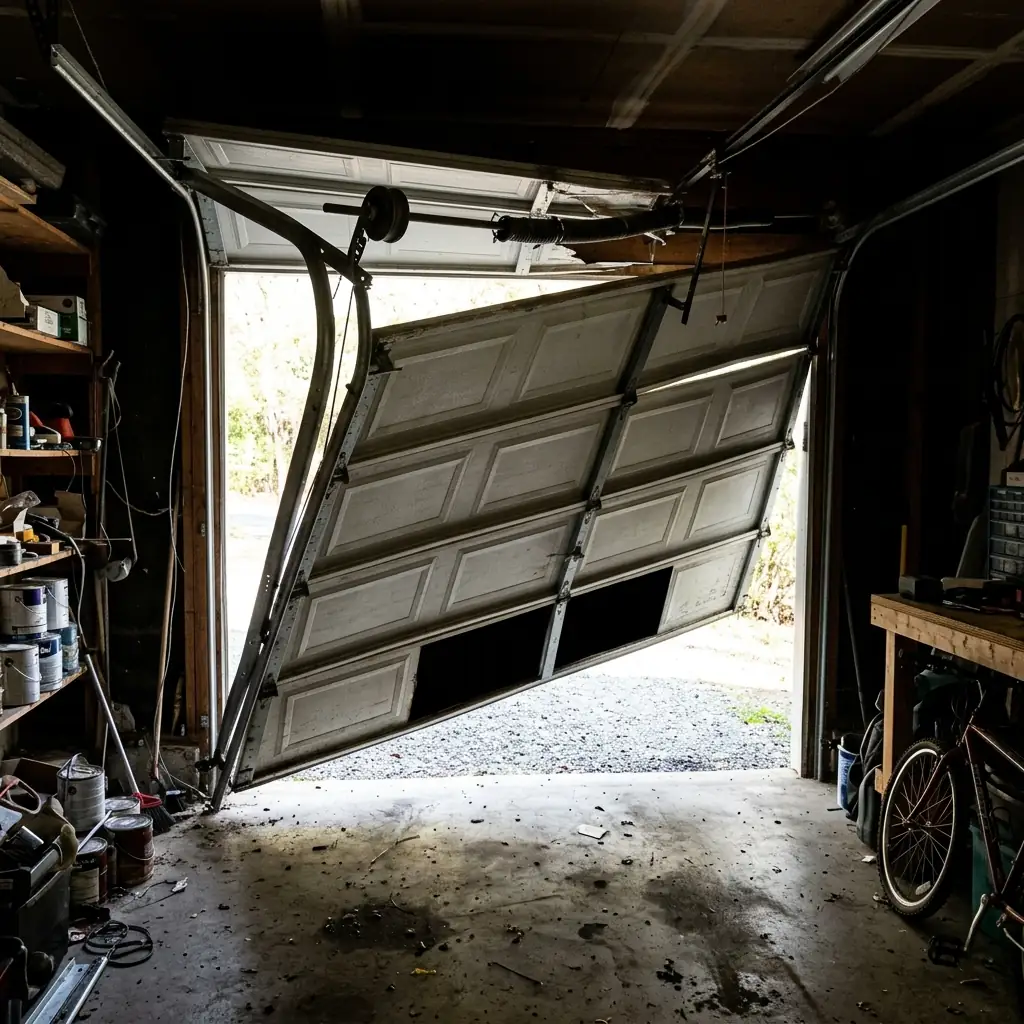 A crooked garage door, off-track or a broken spring, in Dunwoody