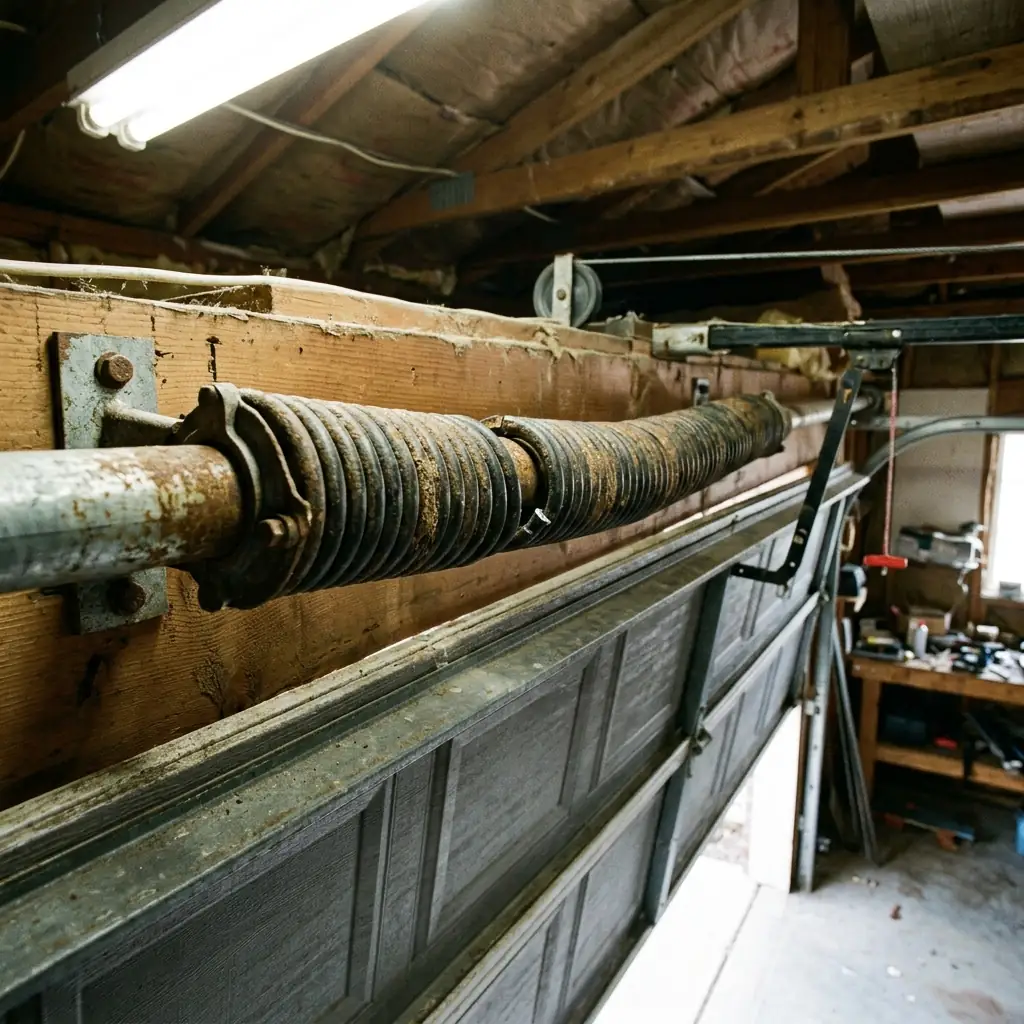 A garage door torsion spring showing failure signs in Dunwoody