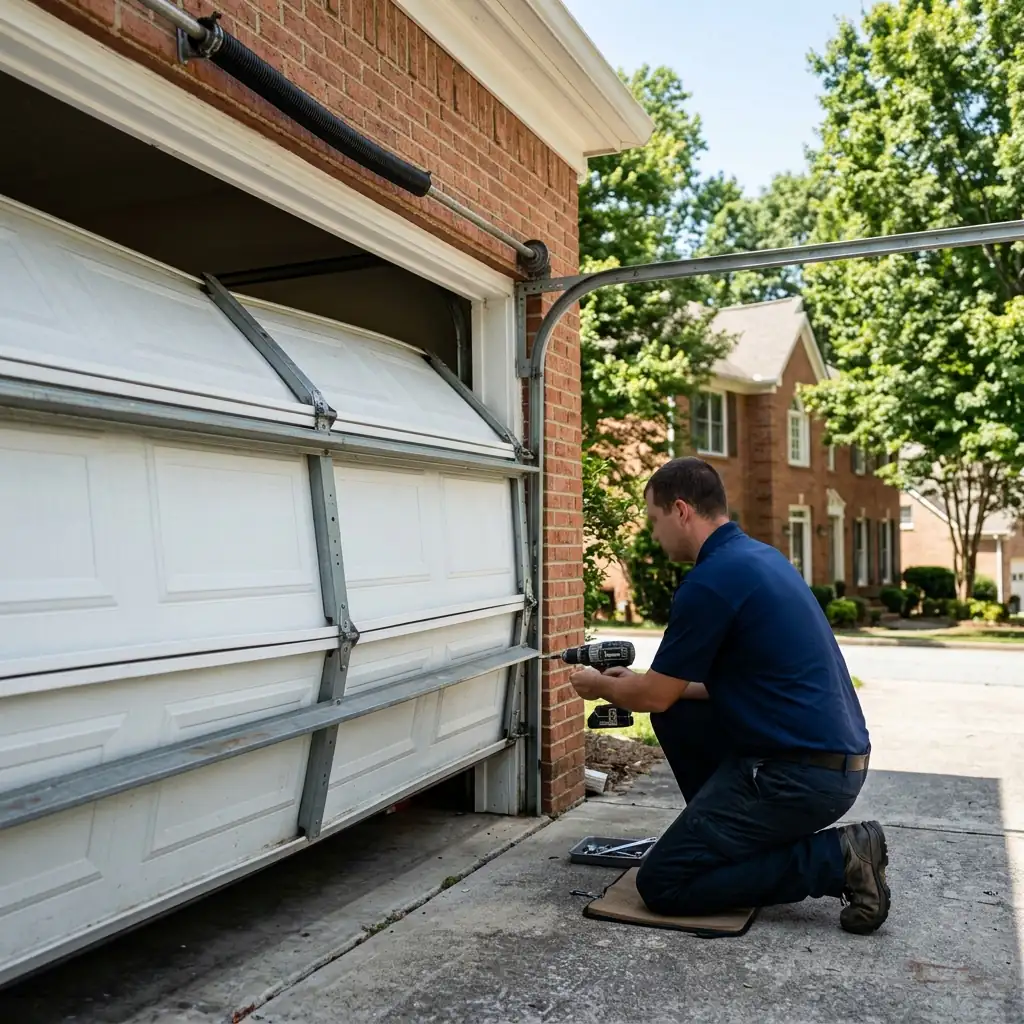 A garage door repair technician working on a two-car garage door at a home in Dunwoody
