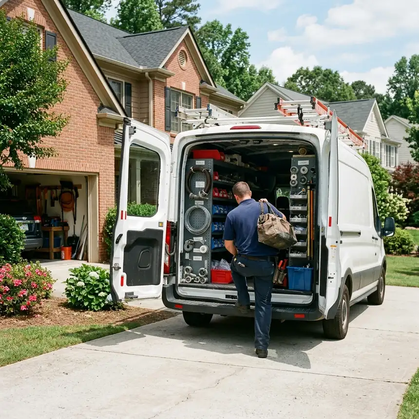 The Dunwoody Garage Door Pros team and service van in Dunwoody